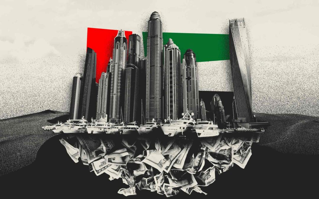 Landscape of UAE city buildings with UAE flag behind the skyscrapers and U.S. dollars displayed under